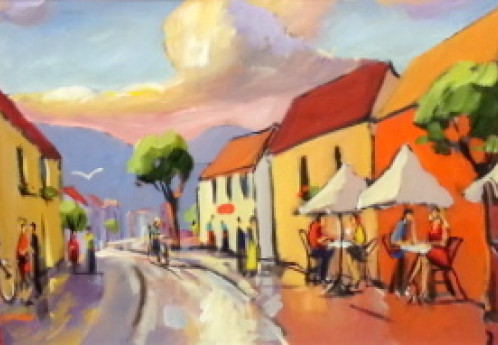 S2793 Street scene Oil on Board Anton Gericke 30cm x 90cm