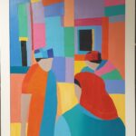 S5752; Trevor Coleman; Three figures visiting; Oil on canvas; 120cm x 90cm